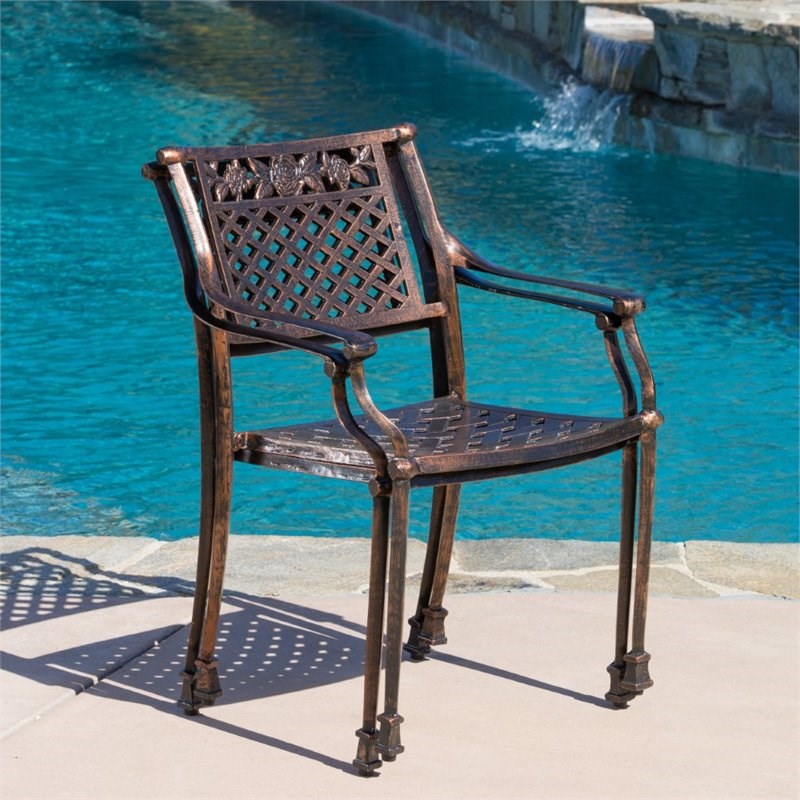 Noble House Sebastian Cast Aluminum Patio Dining Arm Chair in Copper (Set of 2)
