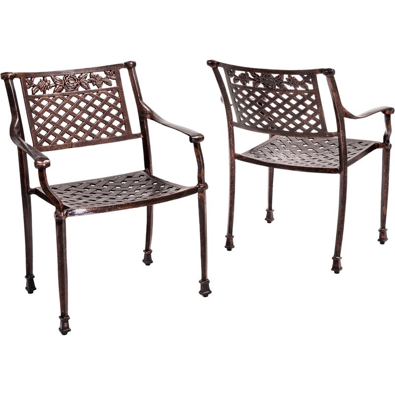 Noble House Sebastian Cast Aluminum Patio Dining Arm Chair in Copper (Set of 2)