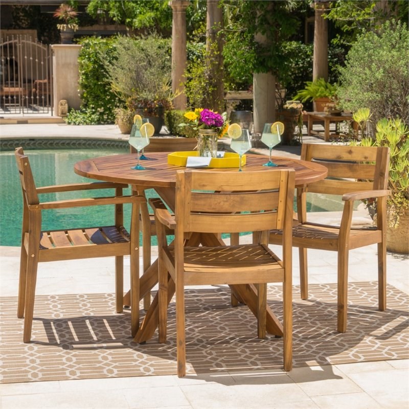 Noble House Stamford 5 Piece Wooden Round Patio Dining Set in Teak
