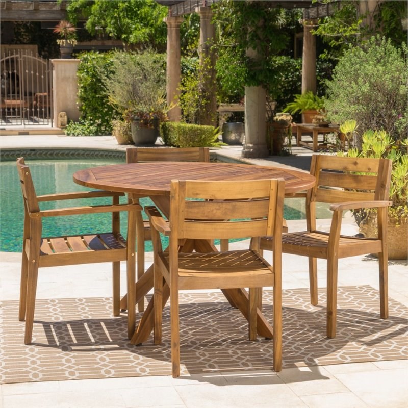 Noble House Stamford 5 Piece Wooden Round Patio Dining Set in Teak