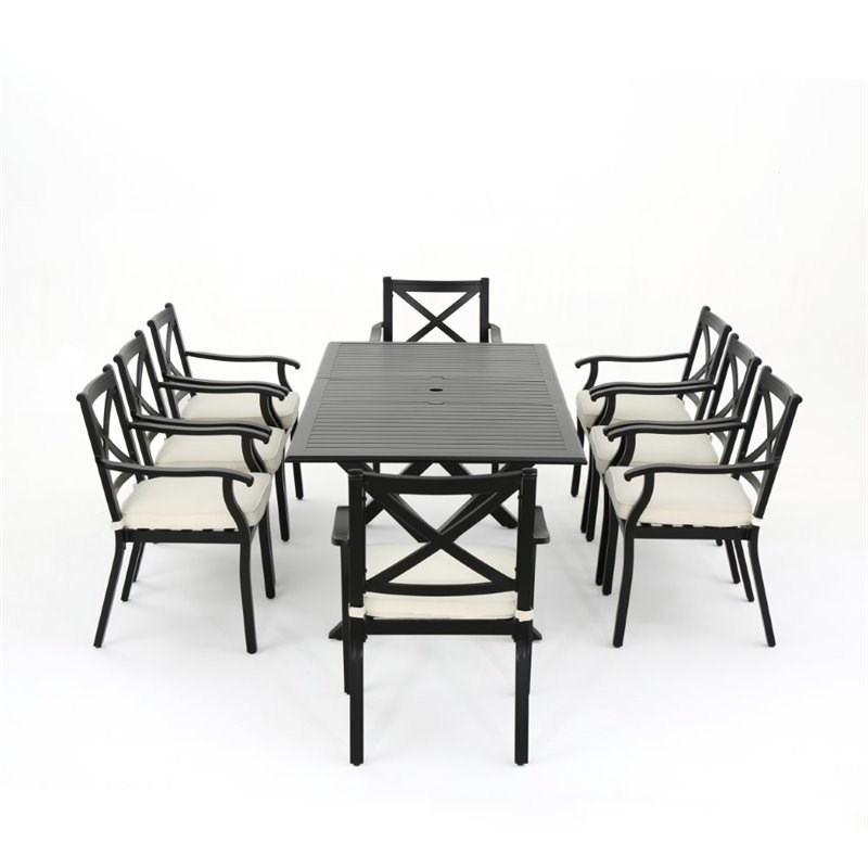 Noble House Exuma 9 Piece Cast Aluminum Expandable Patio Dining Set in Black