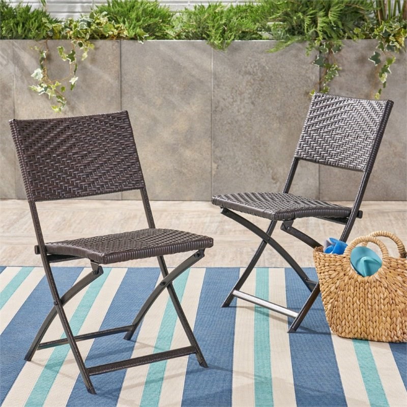 Noble House El Paso Wicker Folding Patio Dining Side Chair in Brown (Set of 2)