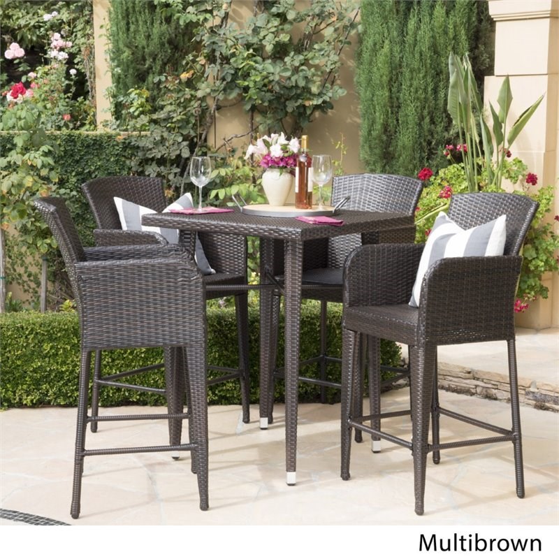 Noble House Landis 5 Piece Wicker Patio Bar Table Set in Brown