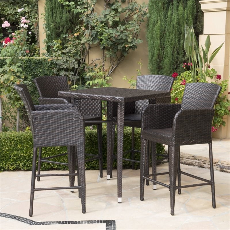 Noble House Landis 5 Piece Wicker Patio Bar Table Set in Brown