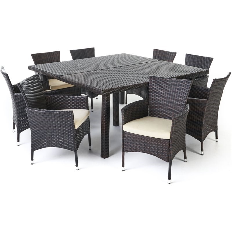 Noble House Aristo 9 Piece Wicker Square Patio Dining Set in Brown