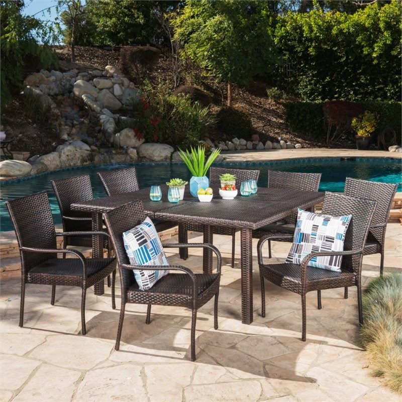 Noble House Fiona 9 Piece Wicker Square Patio Dining Set in Brown