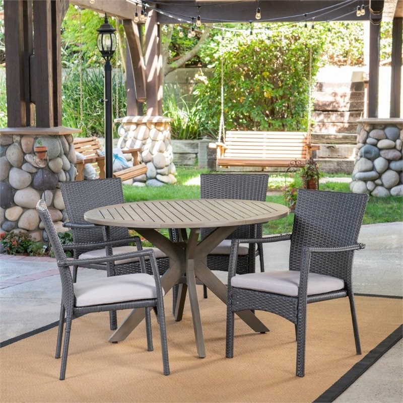 Noble House Stamford 5 Piece Wooden Round Patio Dining Set in Gray