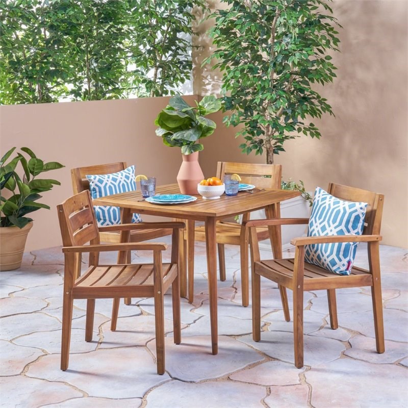 Noble House Stamford 5 Piece Wooden Square Patio Dining Set in Teak