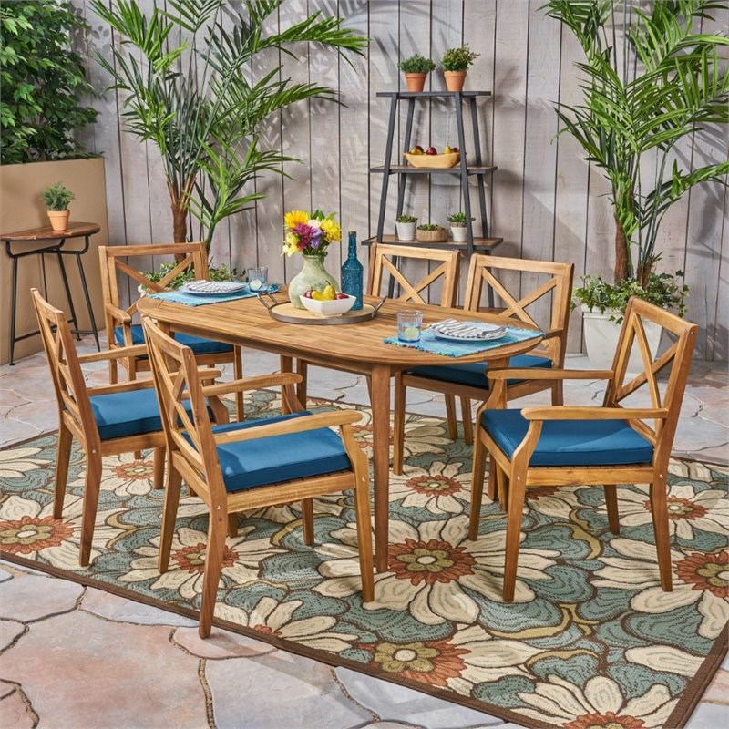 Noble House Pines 7 Piece Wooden Patio DIning Set in Teak and Blue