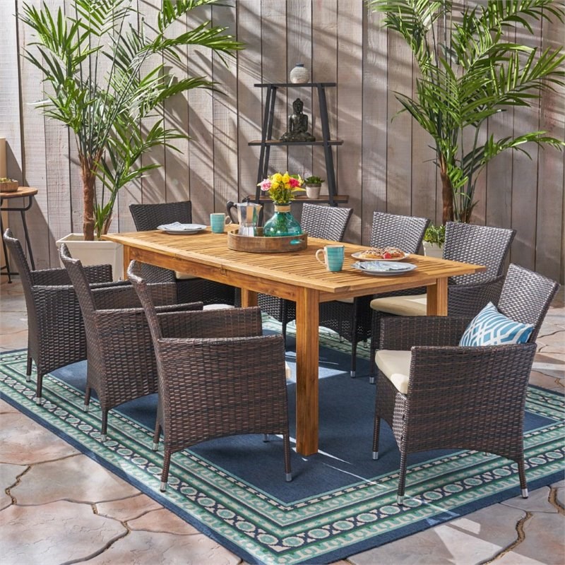 Noble House Nadia 9 Piece Wooden Expandable Patio Dining Set in Natural