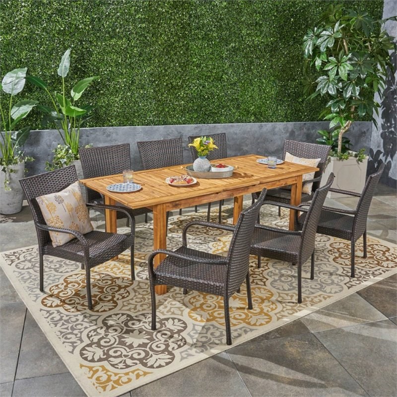 Noble House Hayes 9 Piece Wooden Expandable Patio Dining Set in Natural