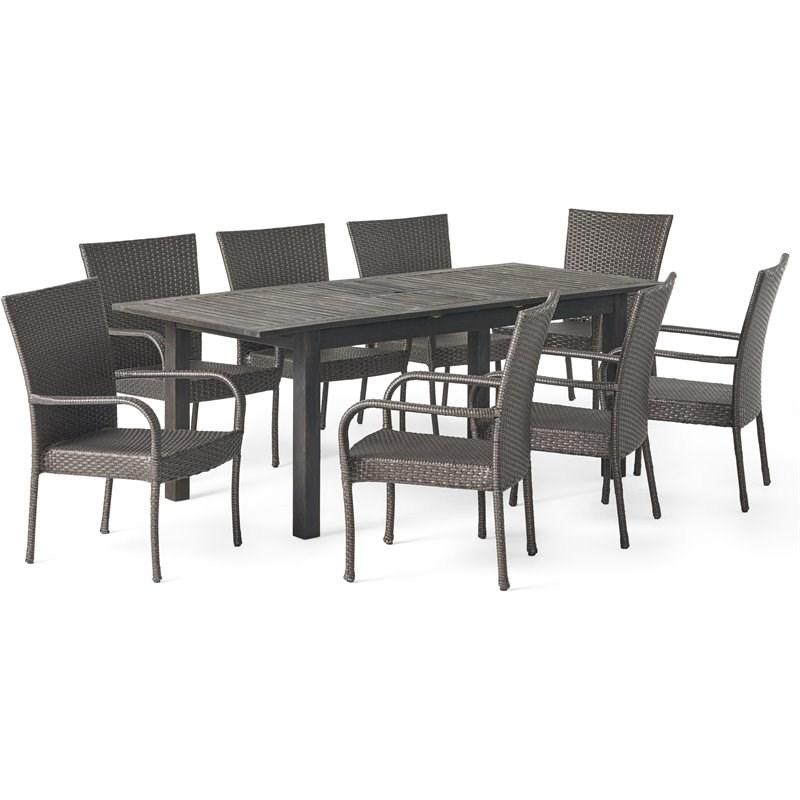 Noble House Hayes 9 Piece Wooden Expandable Patio Dining Set in Dark Gray