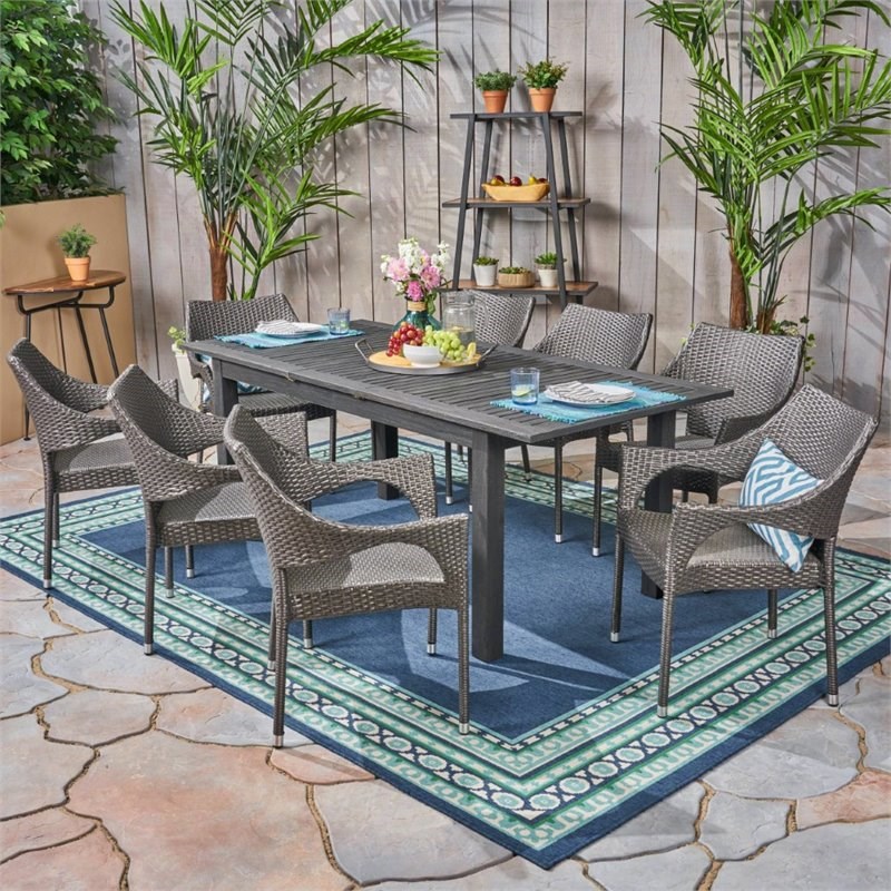 Noble House Damon 9 Piece Wooden Expandable Patio Dining Set in Dark Gray