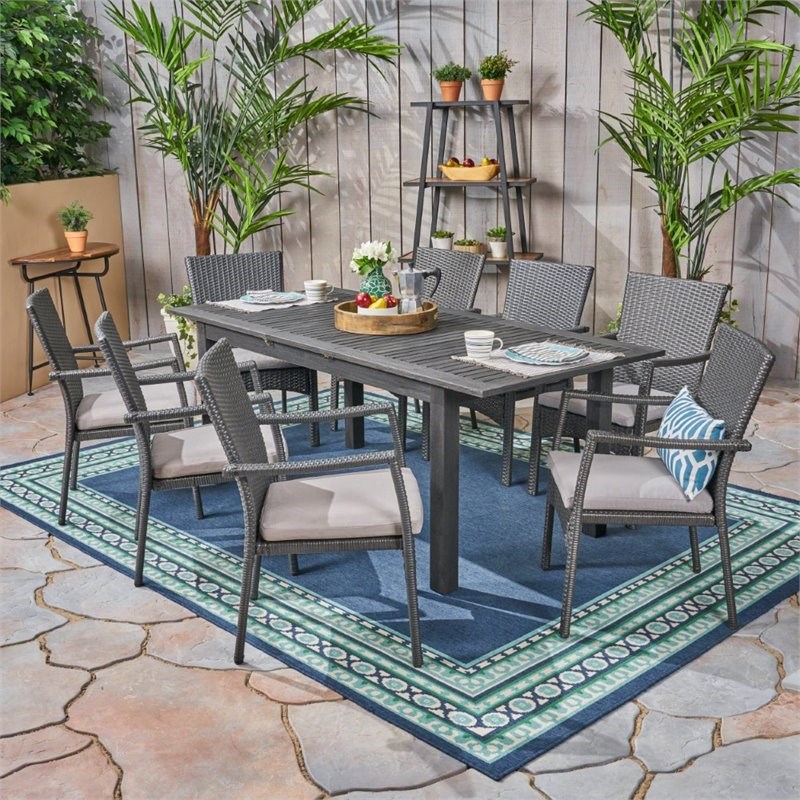 Noble House Davenport 9 Piece Wooden Expandable Patio Dining Set in Dark Gray