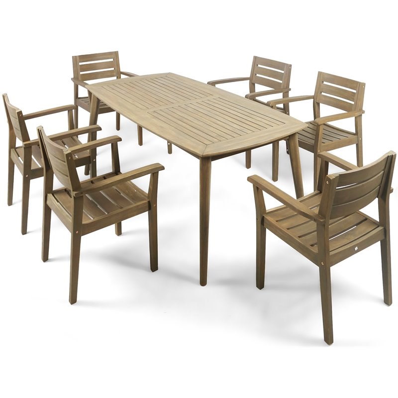 Noble House Stamford 7 Piece Wooden Patio Dining Set in Gray