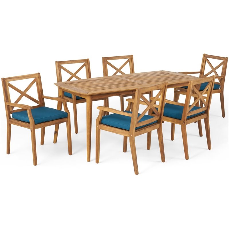 Noble House Llando 7 Piece Wooden Patio Dining Set in Teak and Blue