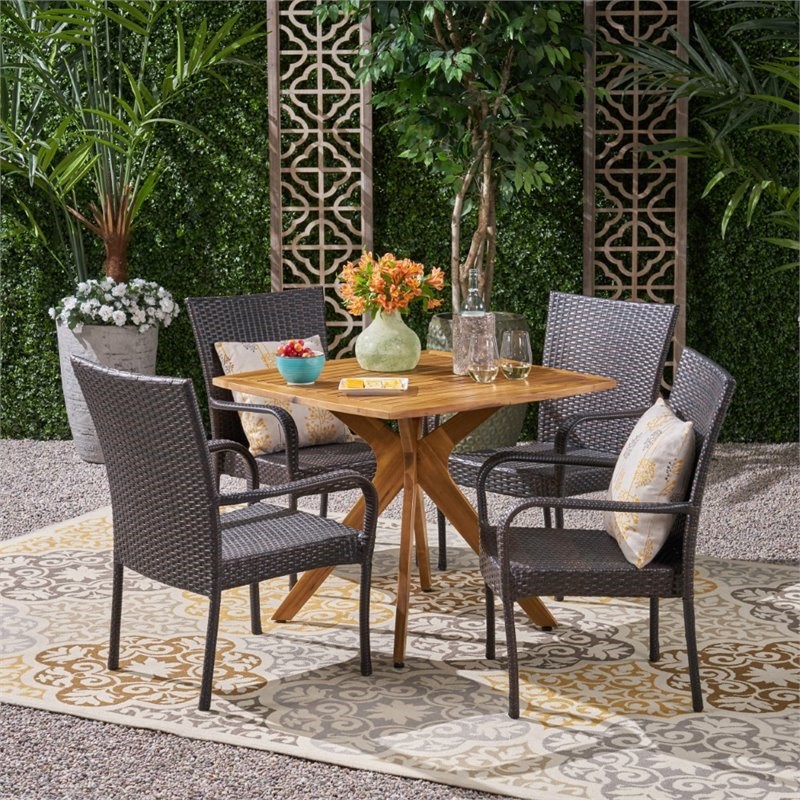 Noble House Stamford 5 Piece Wooden Square Patio Dining Set in Teak