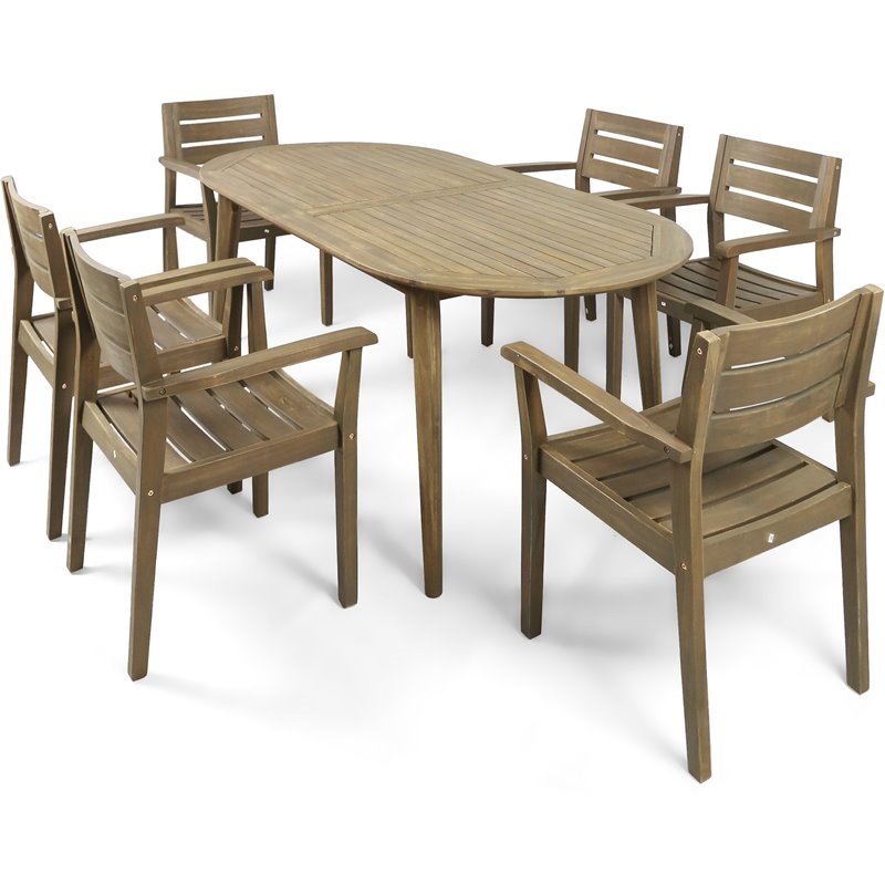 Noble House Stamford 7 Piece Wooden Oval Patio Dining Set in Gray