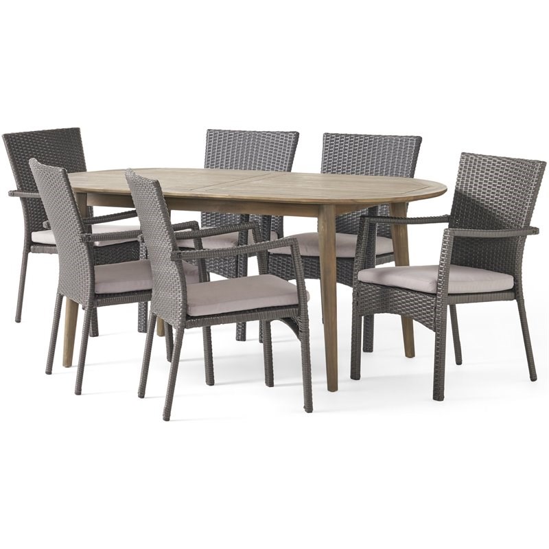 Noble House Stamford 7 Piece Wooden Oval Patio Dining Set in Gray