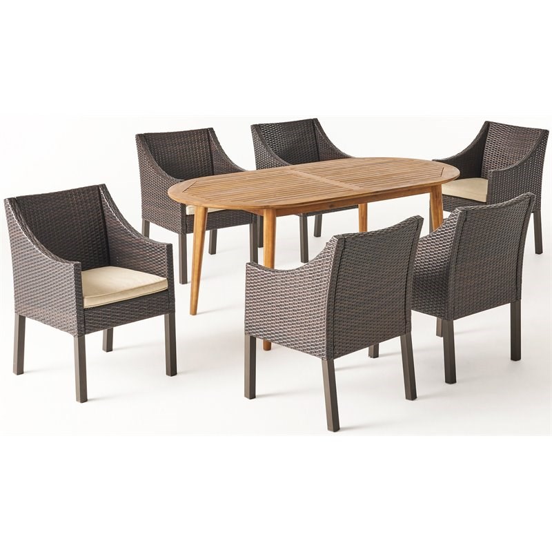 Noble House Stamford 7 Piece Wooden Oval Patio Dining Set in Teak and Brown