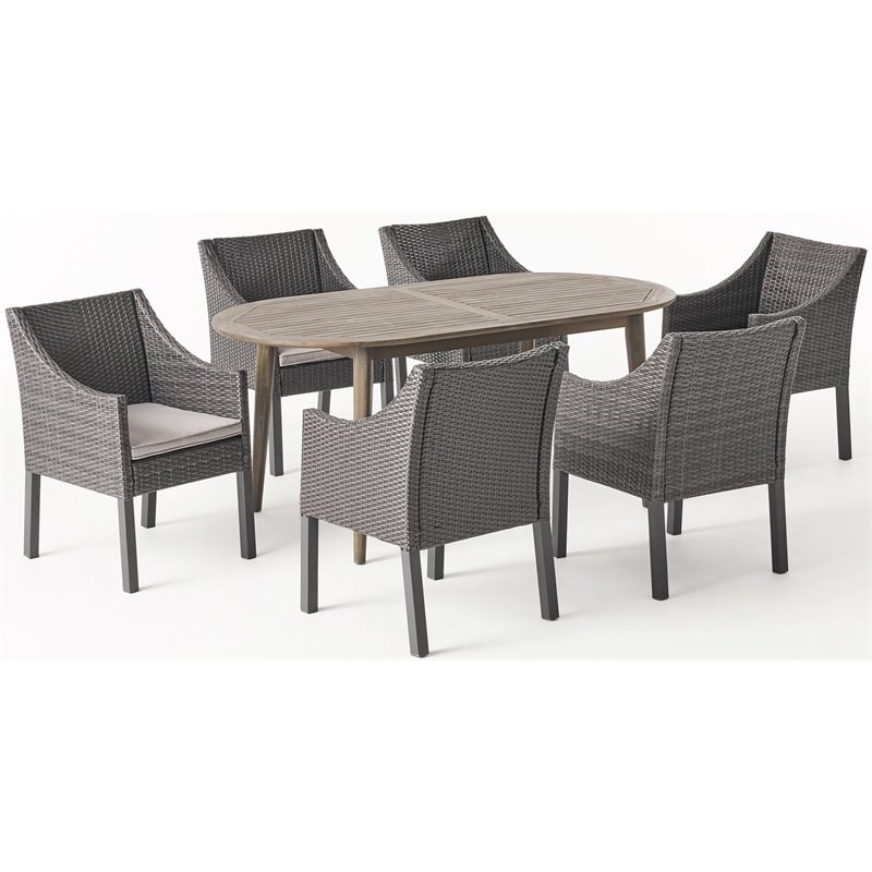 Noble House Stamford 7 Piece Wooden Oval Patio Dining Set in Gray and Silver