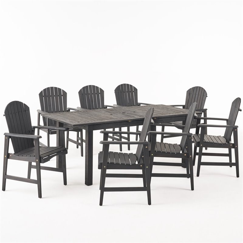 Noble House Mantero 9 Piece Wooden Expandable Patio Dining Set in Dark Gray