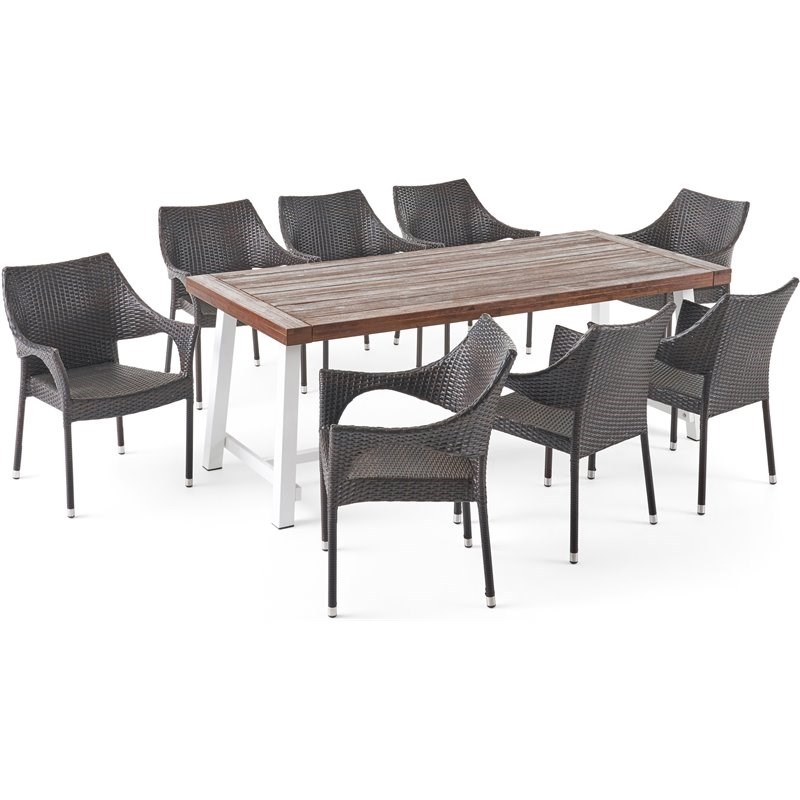 Noble House Espanola 9 Piece Wooden Patio Dining Set in Brown and White