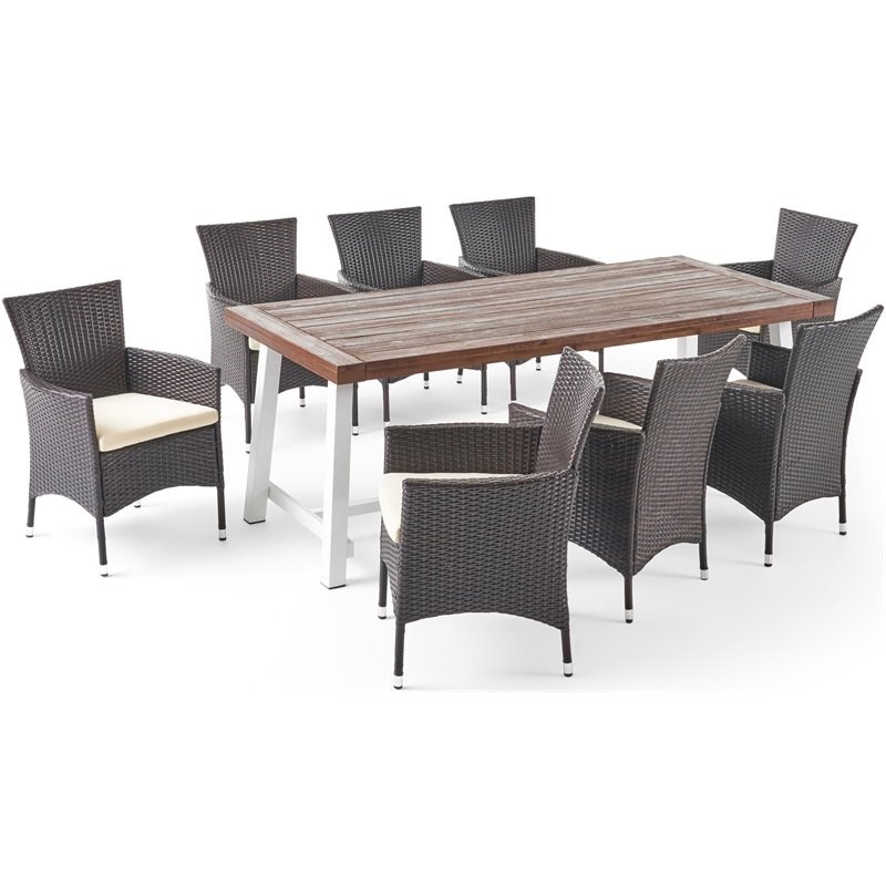 Noble House Flamingo 9 Piece Wooden Patio Dining Set in Brown and White