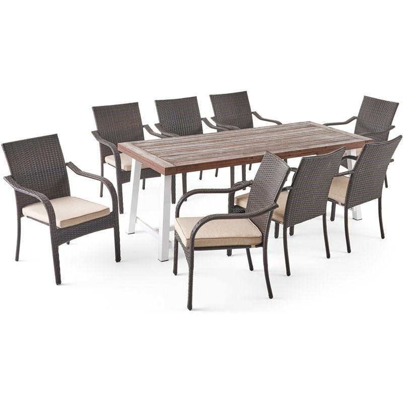 Noble House Fowler 9 Piece Wooden Patio Dining Set in Brown and White