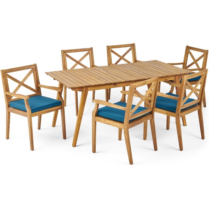 Noble House Mesa 7 Piece Wooden Patio Dining Set in Teak and Blue