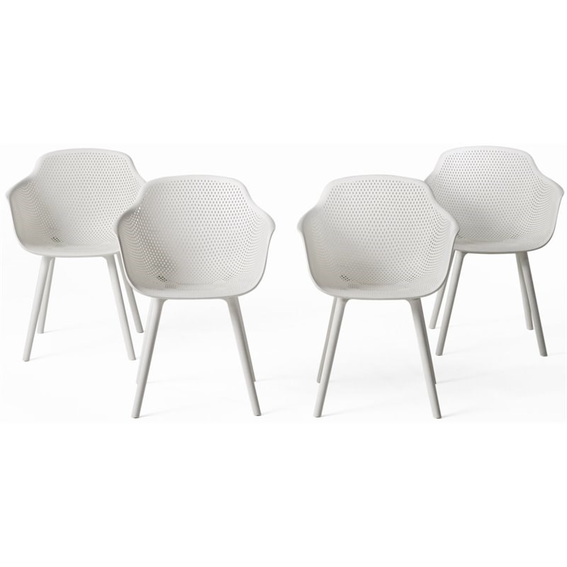 Noble House Lotus Plastic Patio Dining Arm Chair in White (Set of 4)