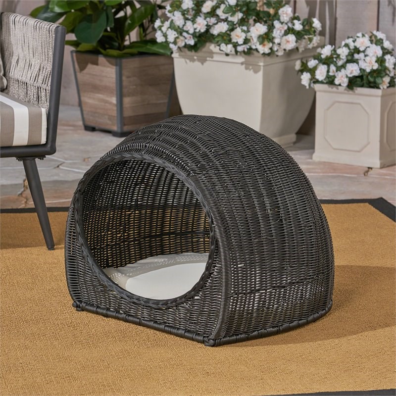 Noble House Rocky PE Rattan and Iron Outdoor Igloo Pet Bed in Black/Beige