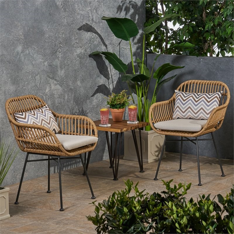 Noble House Orlando Outdoor Faux Rattan Chairs with Cushions in Brown (Set of 2)