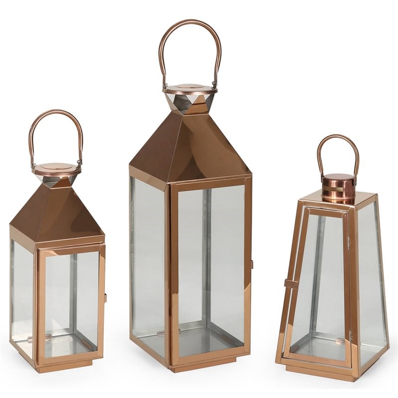 Noble House Peregrine Modern Stainless Steel Lantern Set in Rose Gold
