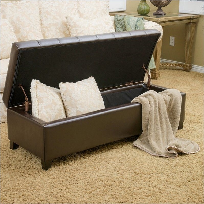 Noble House Guadaloupe Leather Ottoman Storage Bench in Brown