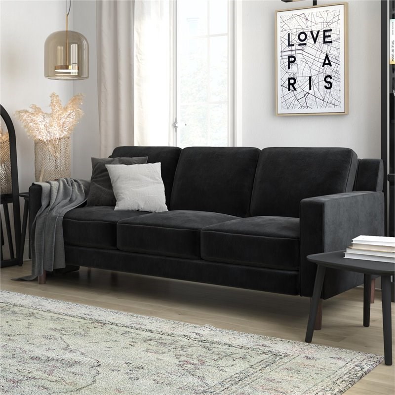 dhp brynn 3 seater living room upholstered sofa in black velvet da2021959