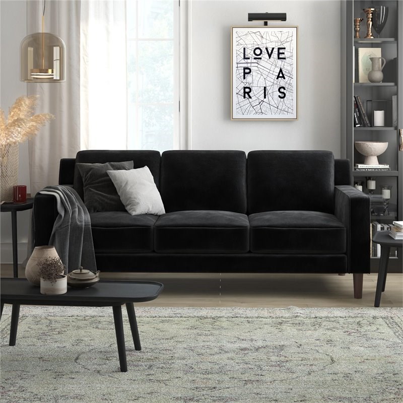 dhp brynn 3 seater living room upholstered sofa in black velvet da2021959