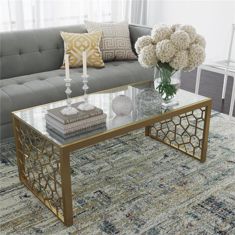 CosmoLiving Juliette Glass Top Coffee Table Brass in Tempered Glass