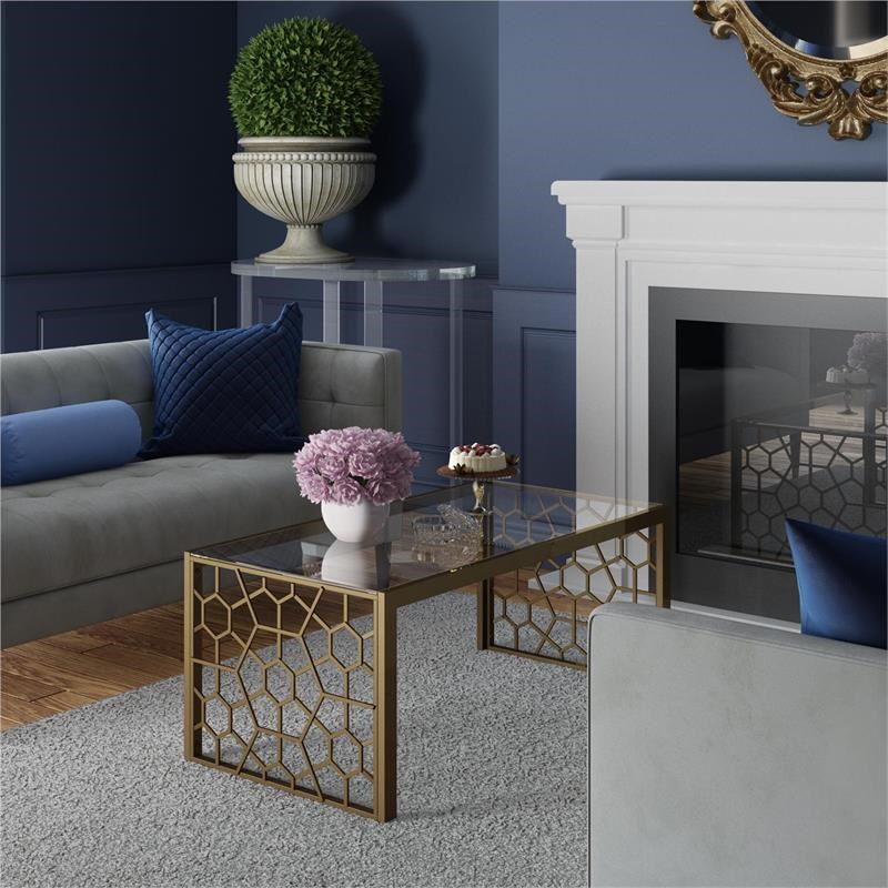 CosmoLiving Juliette Glass Top Coffee Table Brass in Tempered Glass