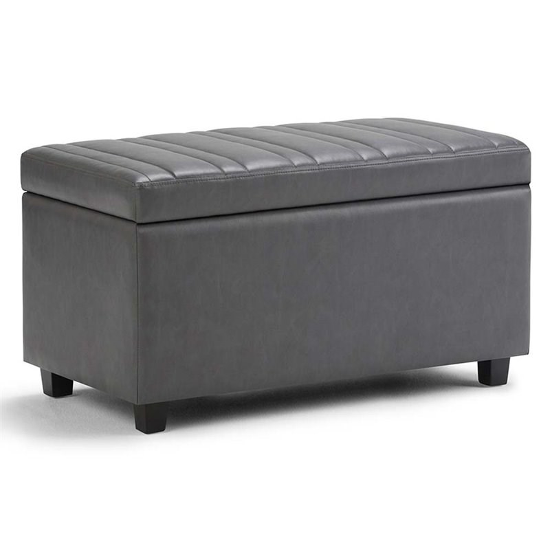 simpli home darcy faux leather storage ottoman bench in stone gray