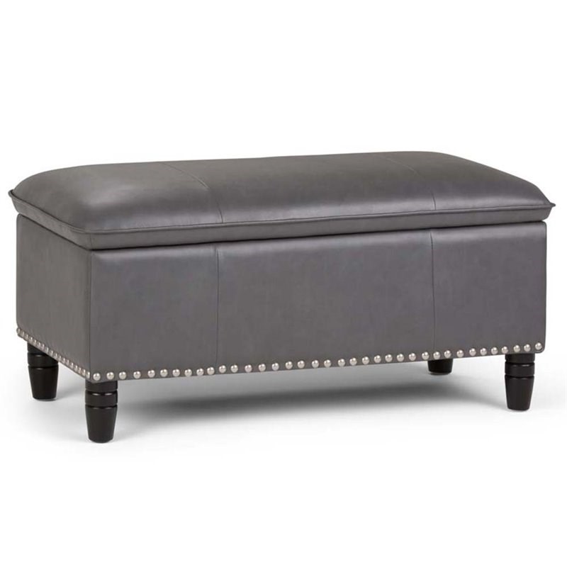 simpli home emily faux leather storage bench in stone gray 3axcot247g