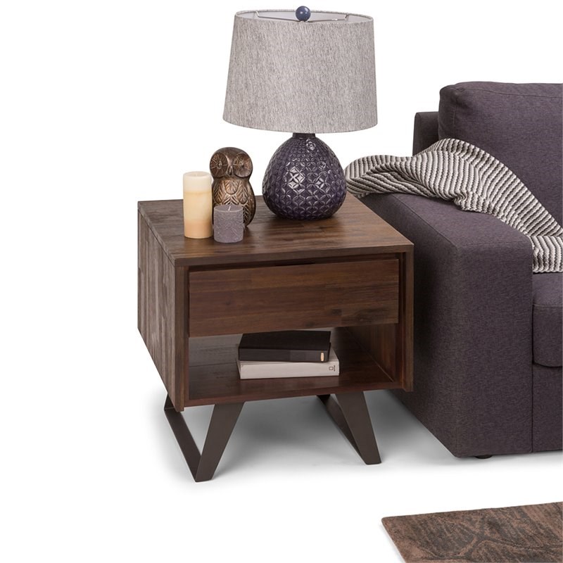Simpli Home Lowry 1 Drawer End Table in Distressed Charcoal Brown