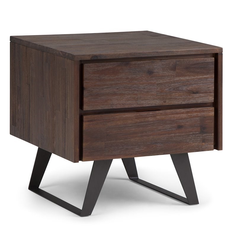 Simpli Home Lowry 2 Drawer End Table in Distressed Charcoal Brown