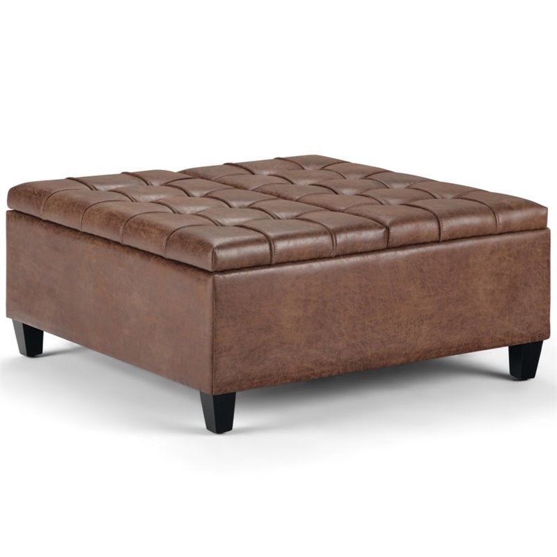 Simpli Home Harrison Faux Leather, Brown Leather Coffee Table Ottoman