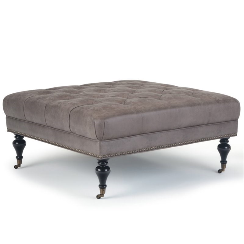 simpli home marcus faux leather tufted coffee table ottoman in gray