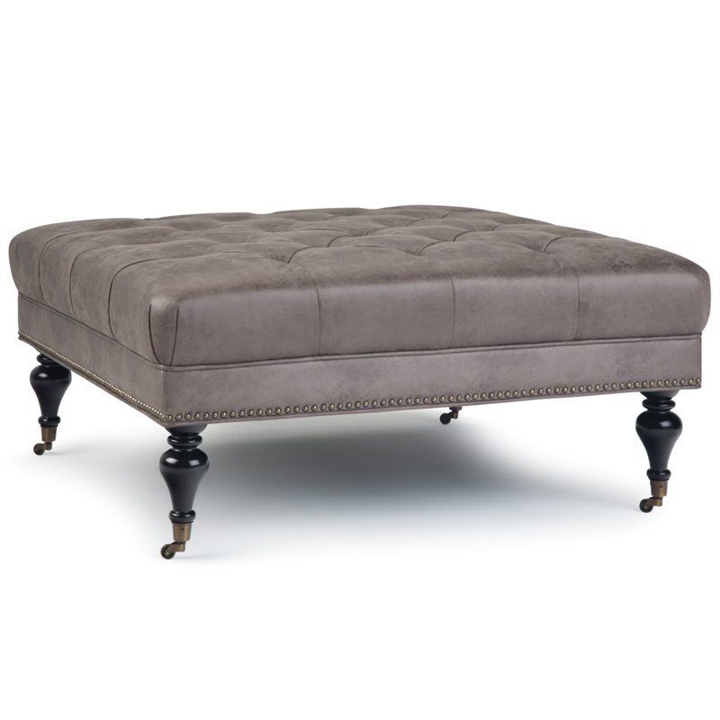 Simpli Home Marcus Faux Leather Tufted, 30 Inch Distressed Vegan Leather Tufted Coffee Table Ottoman