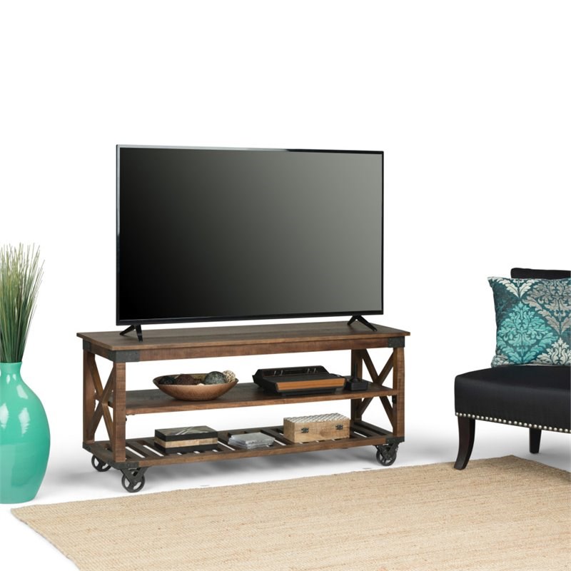 Simpli Home Harding Solid Wood TV Media Stand in Distressed Dark Brown
