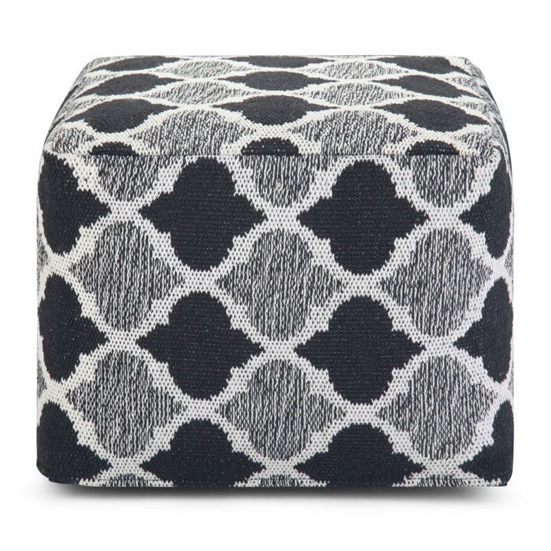 Simpli Home Currie Boho Square Pouf in Black and Gray and White Patterned Cotton