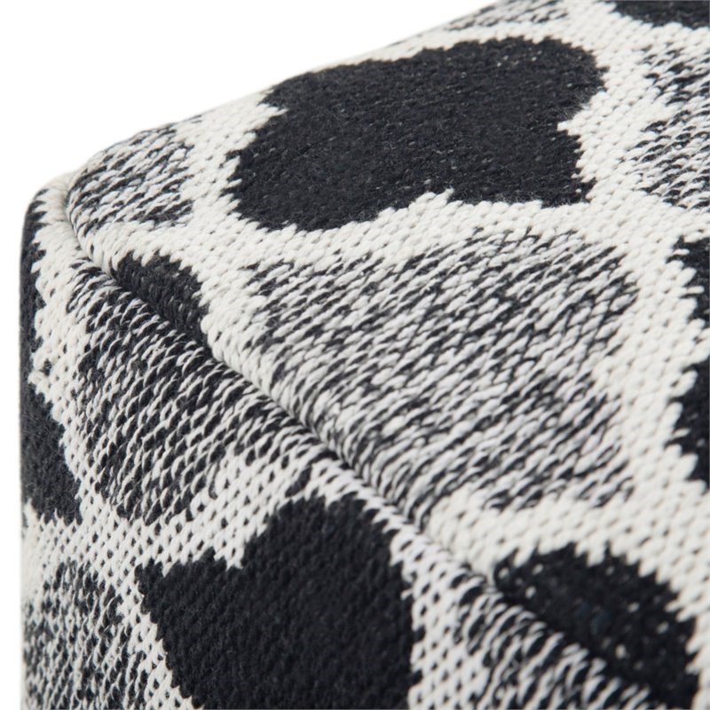 Simpli Home Currie Boho Square Pouf in Black and Gray and White Patterned Cotton