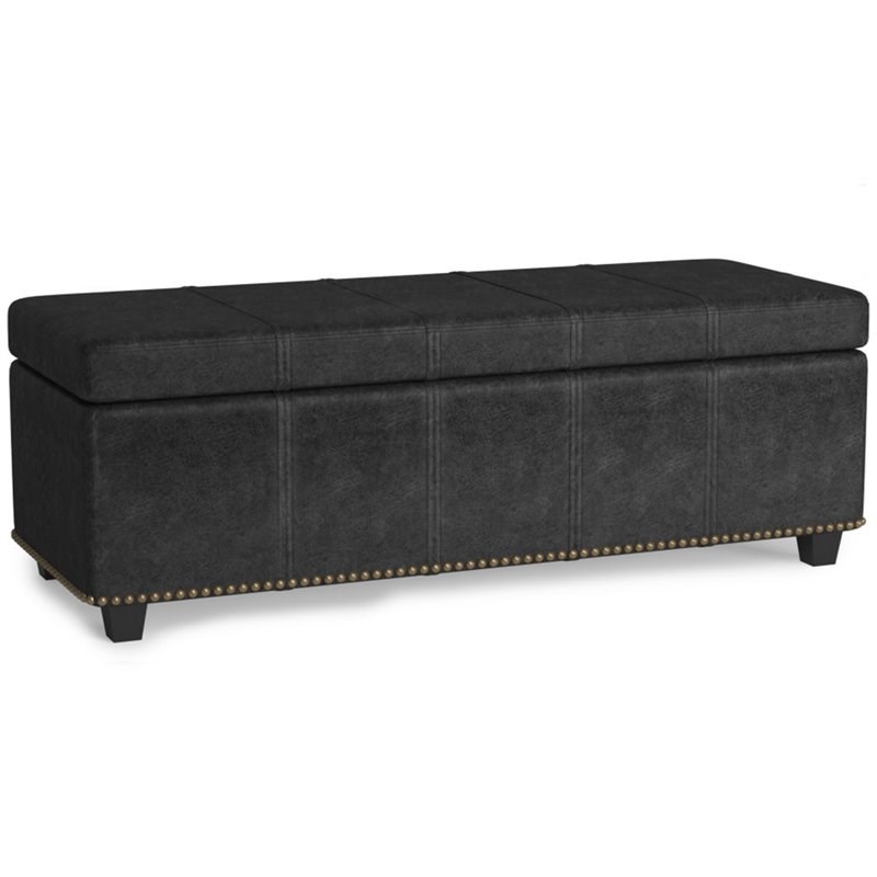 Simpli Home Kingsley Faux Leather Bedroom Bench With Storage In Distressed Black Axcot 240 Dbl